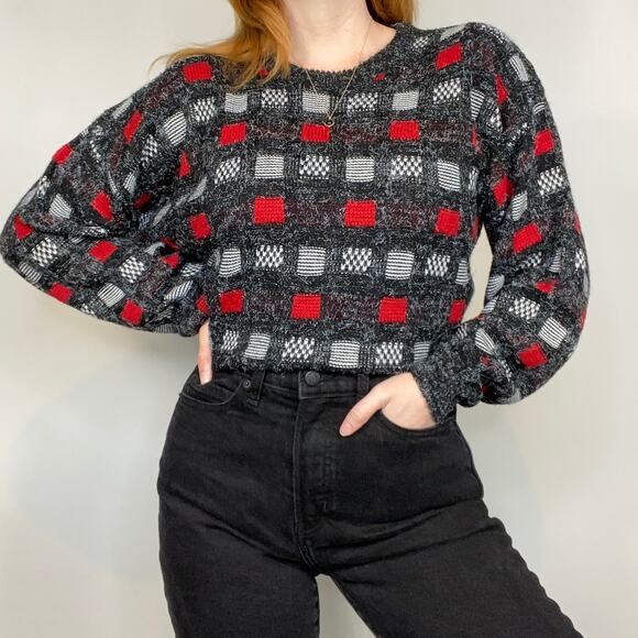 Vintage New Era Large Red & Gray Checkered Crewneck Dad/Grandpa Sweater - Picture 3 of 10